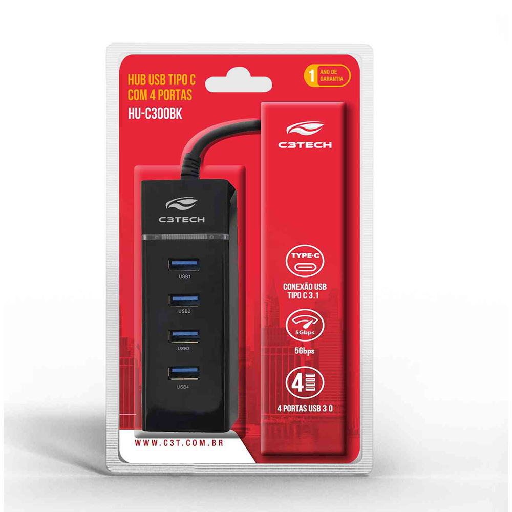 HUB USB 3.0 4 Portas USB-USBC HU-C300BK C3Tech