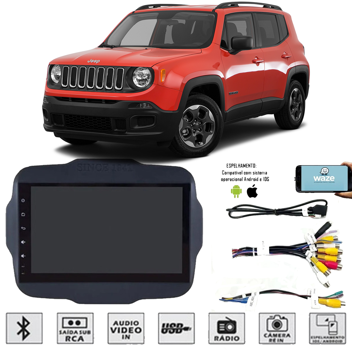 Central Multimídia 2 Din MP5 Jeep Renegade PCD 9 polegadas HR 5009 Hurricane Bluetooth AM FM Aux