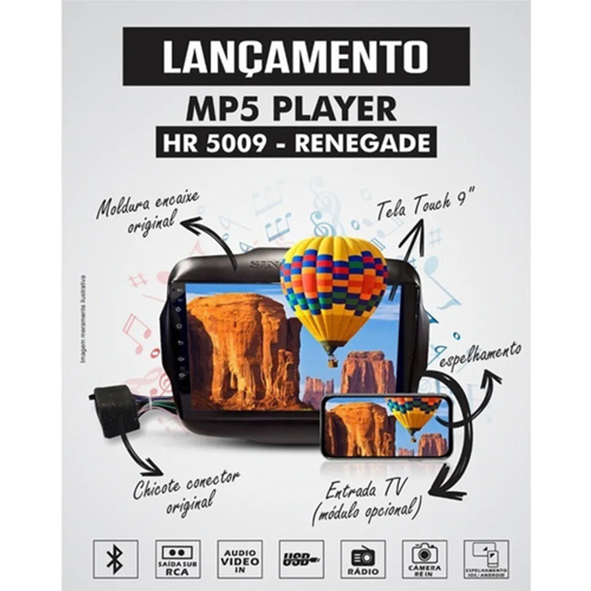Central Multimídia 2 Din MP5 Jeep Renegade PCD 9 polegadas HR 5009 Hurricane Bluetooth AM FM Aux