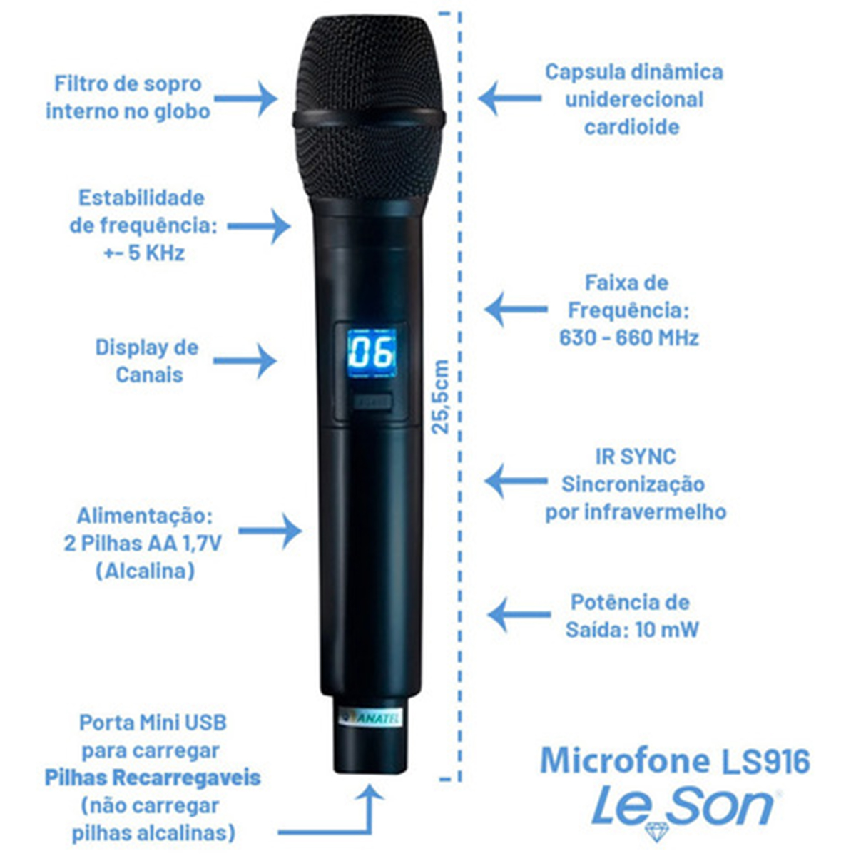 Microfone Sem Fio Duplo Digital de Multifrequência LS916 Leson - 2AM0LS916