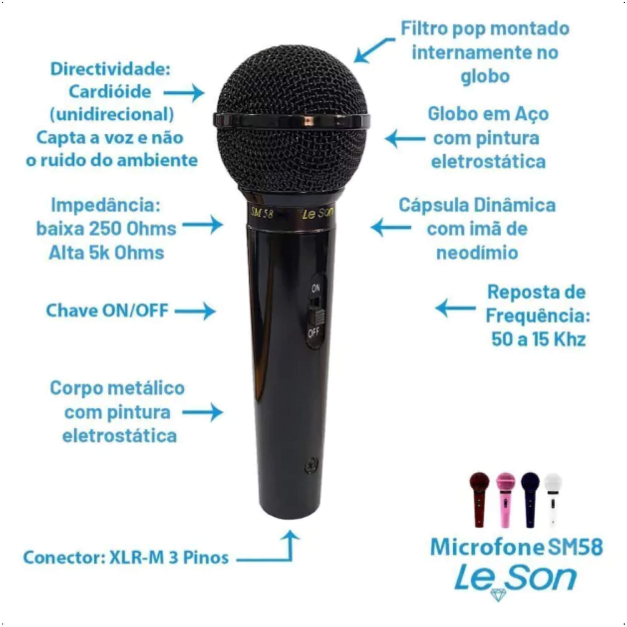 Microfone com Fio Profissional Preto Brilhante SM-58 P4 - Leson 2AM002264