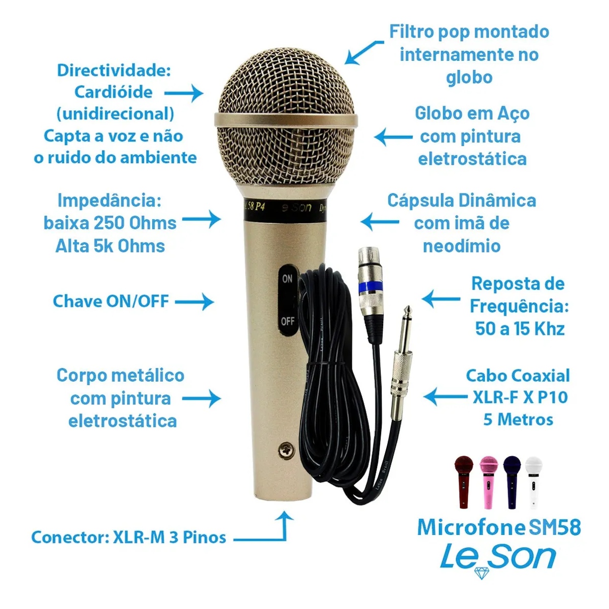 Microfone com Fio Profissional Branco SM-58 P4 - Leson 2AM002267