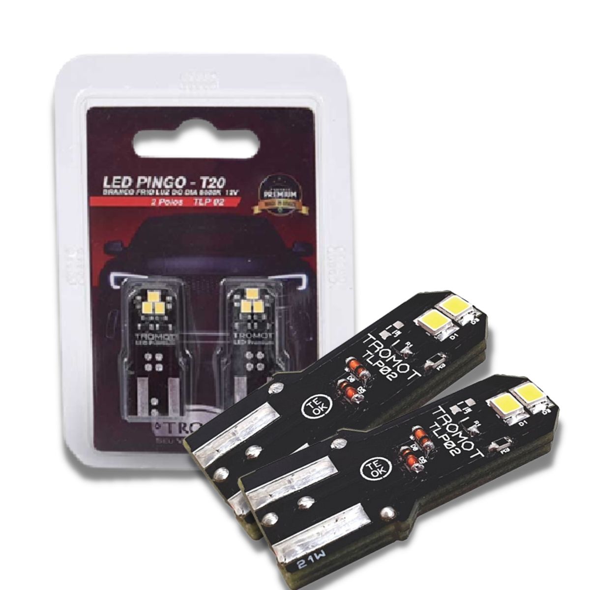 Lâmpada Led Pingo Led T20 Bi-polar para Veículos 12V 6000K Branco Frio Embalagem com 1 Par TLP02-02 Tromot