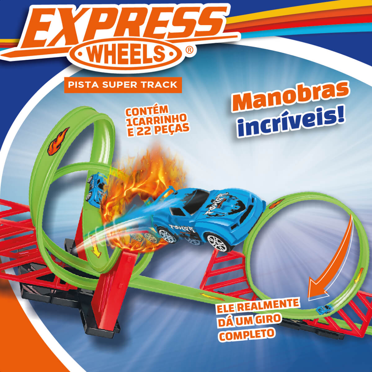 Brinquedo Pista Com Loop 360 22 Peças com 1 Carrinho Express Wheels Multikids - BR1016