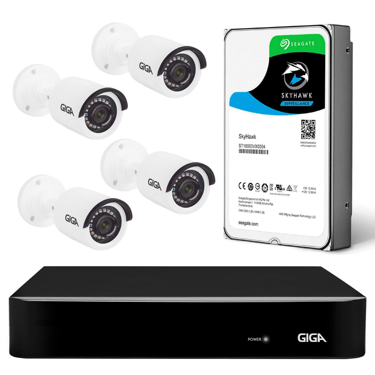 COMP Kit DVR 4 canais Híbrido 1080N Open HD Saída BNC + HD Seagate 1TB + Câmera de segurança Bullet Plástica GIGA