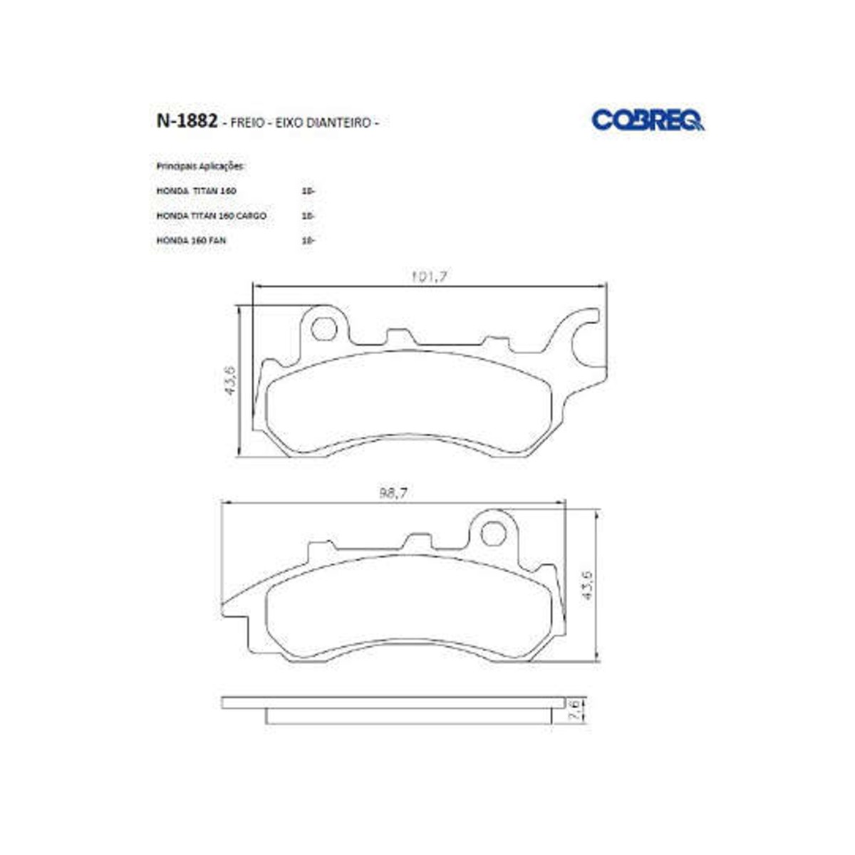 Pastilha de Freio Moto Honda CG Titan 160/ Cargo 160/ Fan 160 / 2018 em diante Cobreq - N1882