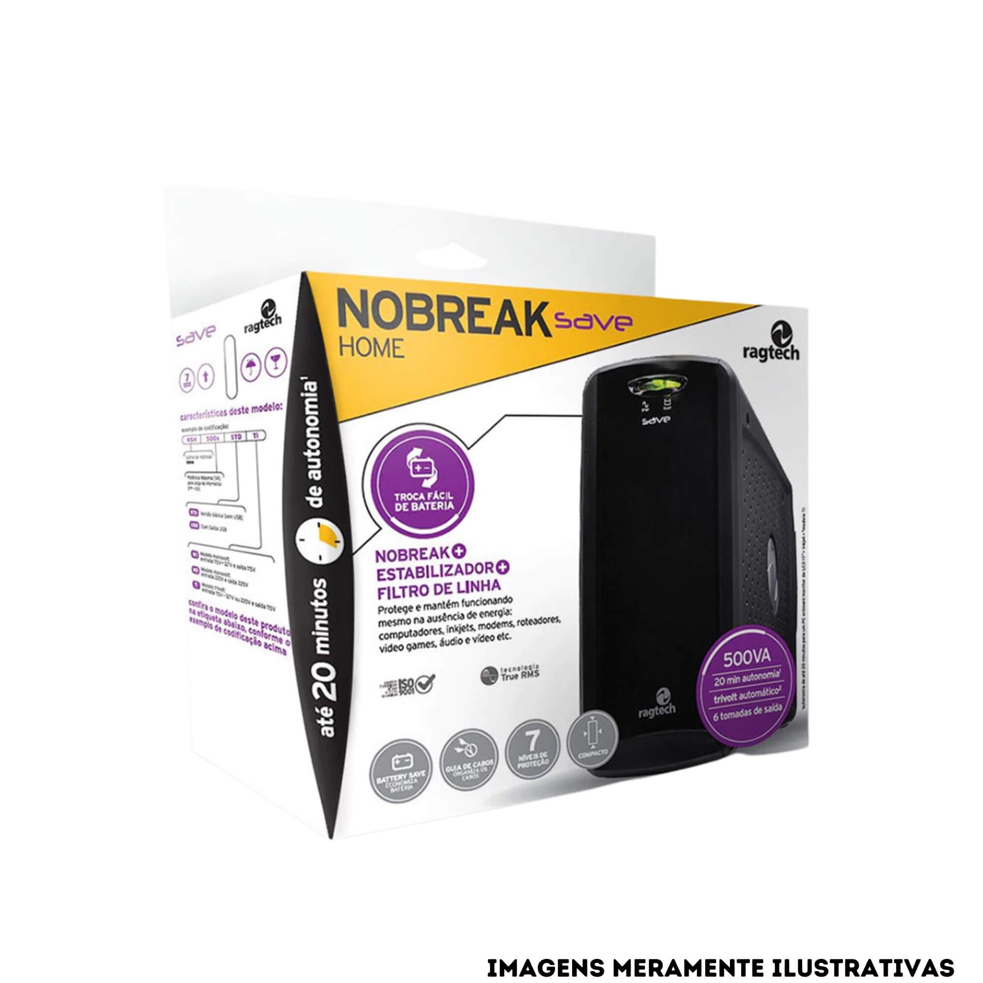 Nobreak Ragtech 500VA Save STD 20NSV4118 NSV Preto Trivolt 6 Tomadas