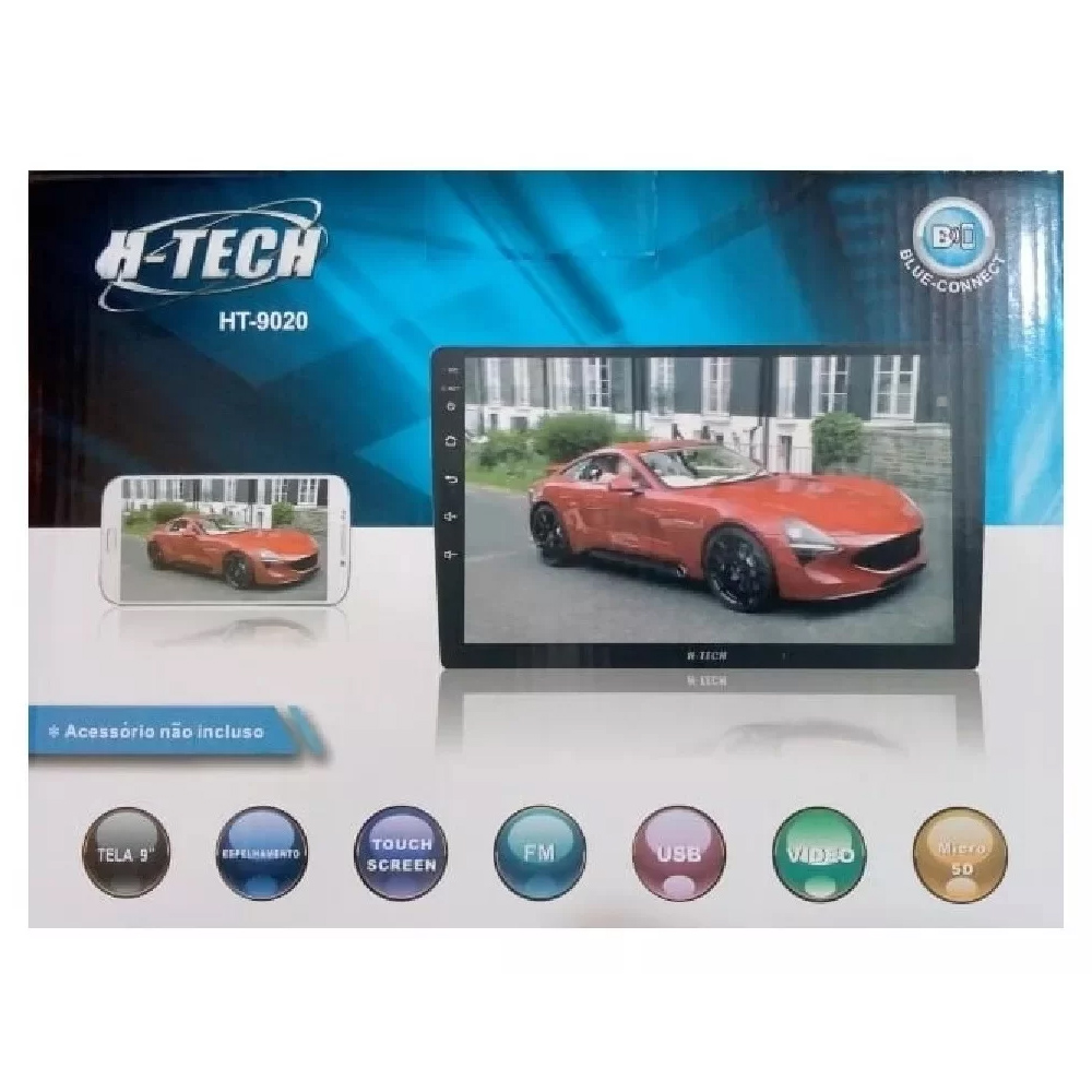 COMP Central Multimídia MP5 Universal 2Din 9" USB SD Aux BT Espelhamento Full Touch HT-9020 - H-Tech + Câmera de ré
