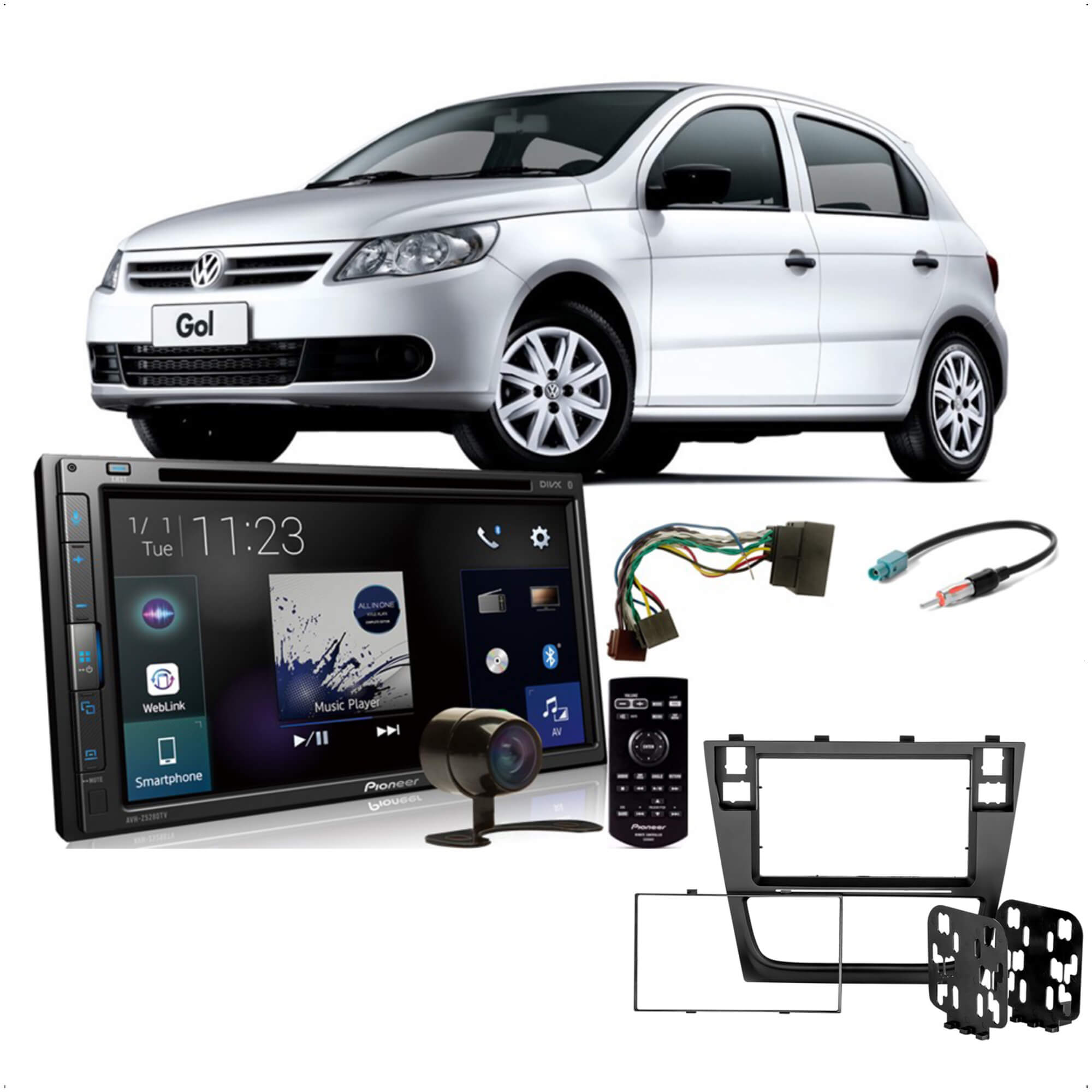 COMP Kit DVD Player Gol G6 botões no painel AVH-Z5280TV Pioneer + Moldura 2 din + Câmera de ré + Chicotes plug & play