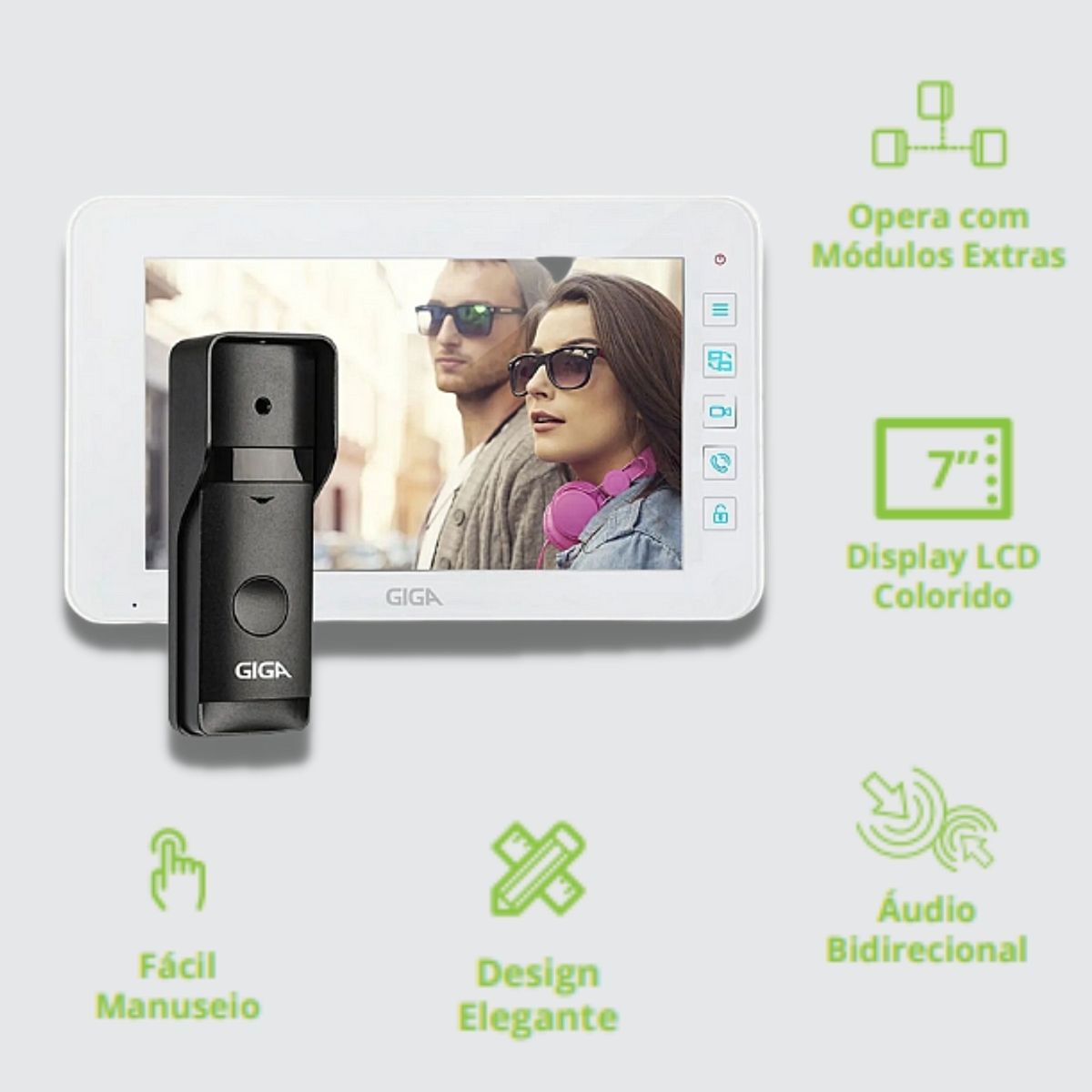 Kit Vídeo Porteiro Giga Tela 7” LCD 800x480 + Unidade Externa Speaker IR IP66 Giga - GS0098