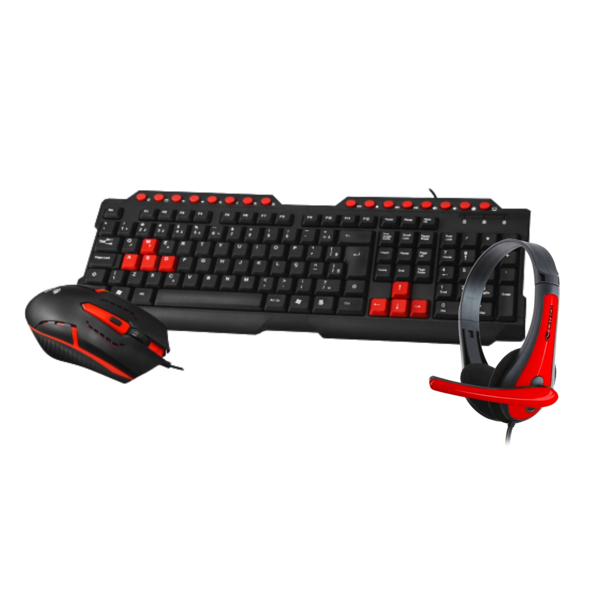 Kit Gamer C3Tech Teclado e Mouse GK-20BK com Headset PH-30BK Preto e Vermelho