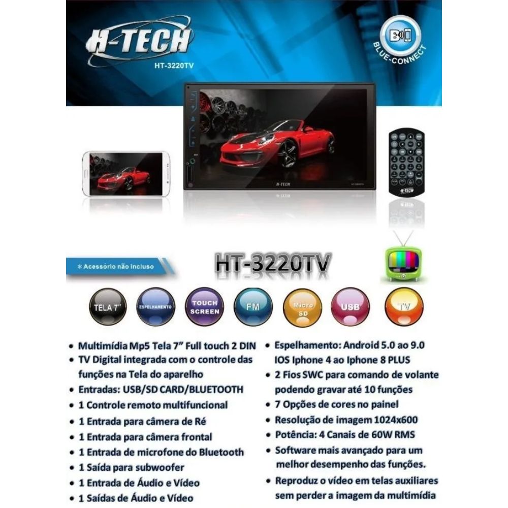 COMP Central multimídia Mp5 2Din Espelhamento Android e IOS H-tech HT-3220TV + Câmera de ré