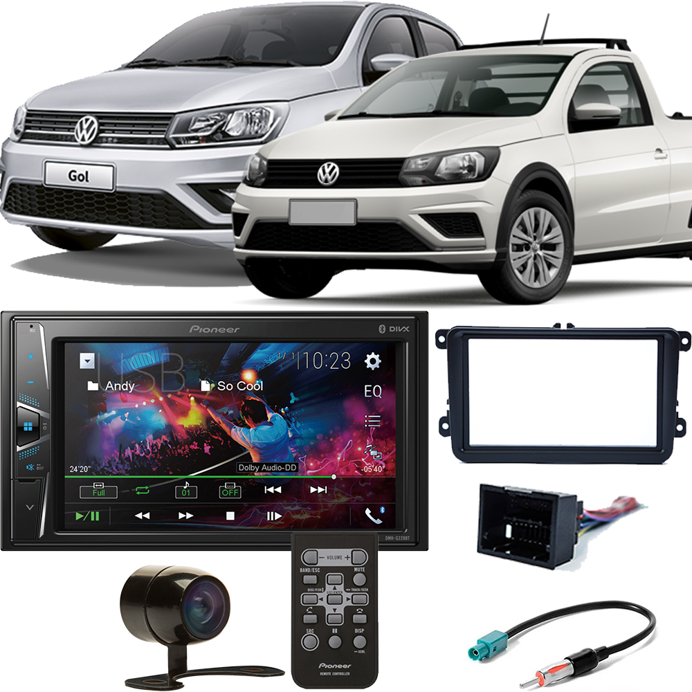 COMP Kit Multimidia Gol G7 / Saveiro G7 Pioneer DMH-G228BT + Moldura 2 din + Câmera de ré + Chicotes plug and play