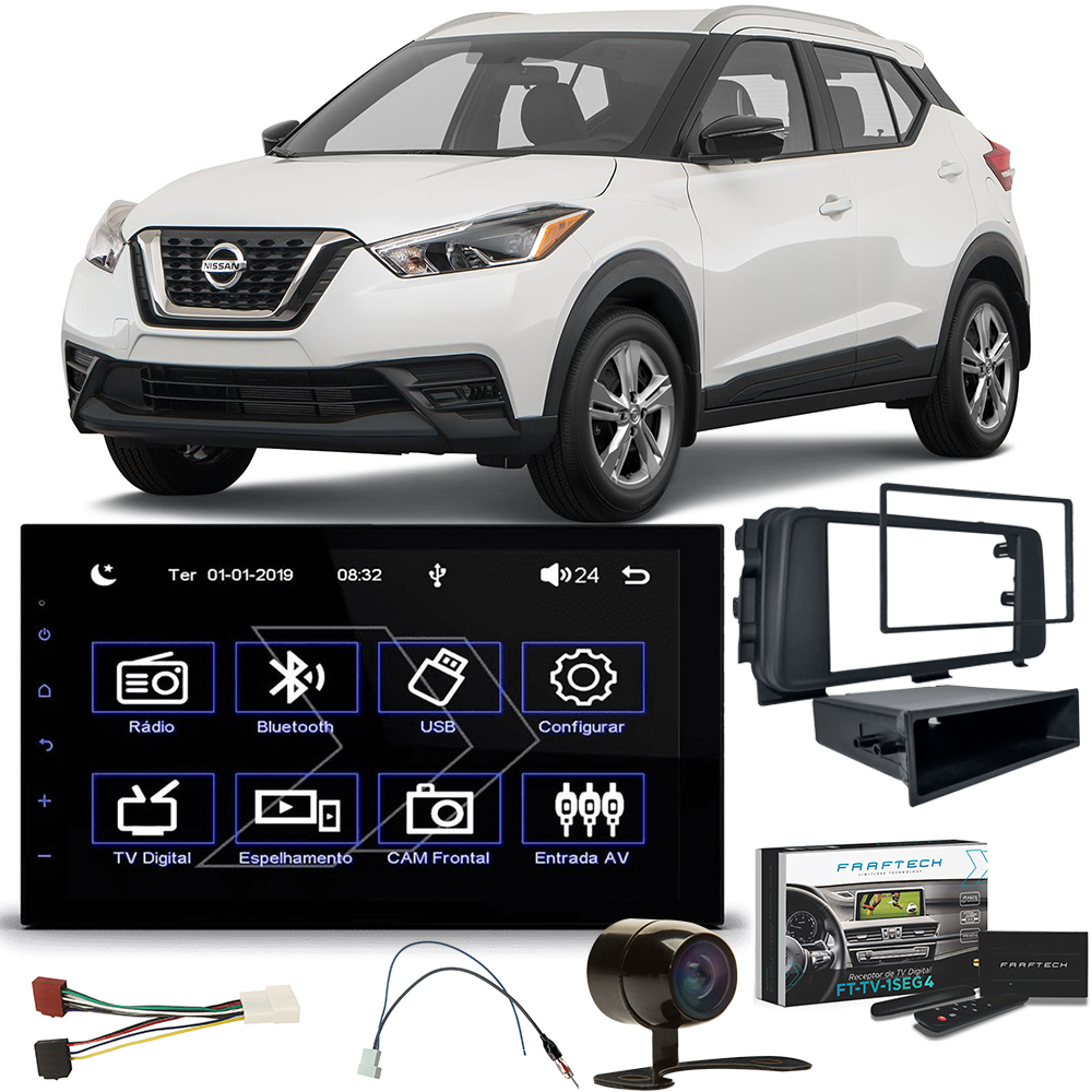 COMP Kit Multimídia Nissan Kicks 2016 a 2020 MP5 Faaftech FT-MM-MP5 + Moldura 2 din + Câmera + Sintonizador TV + Chicote