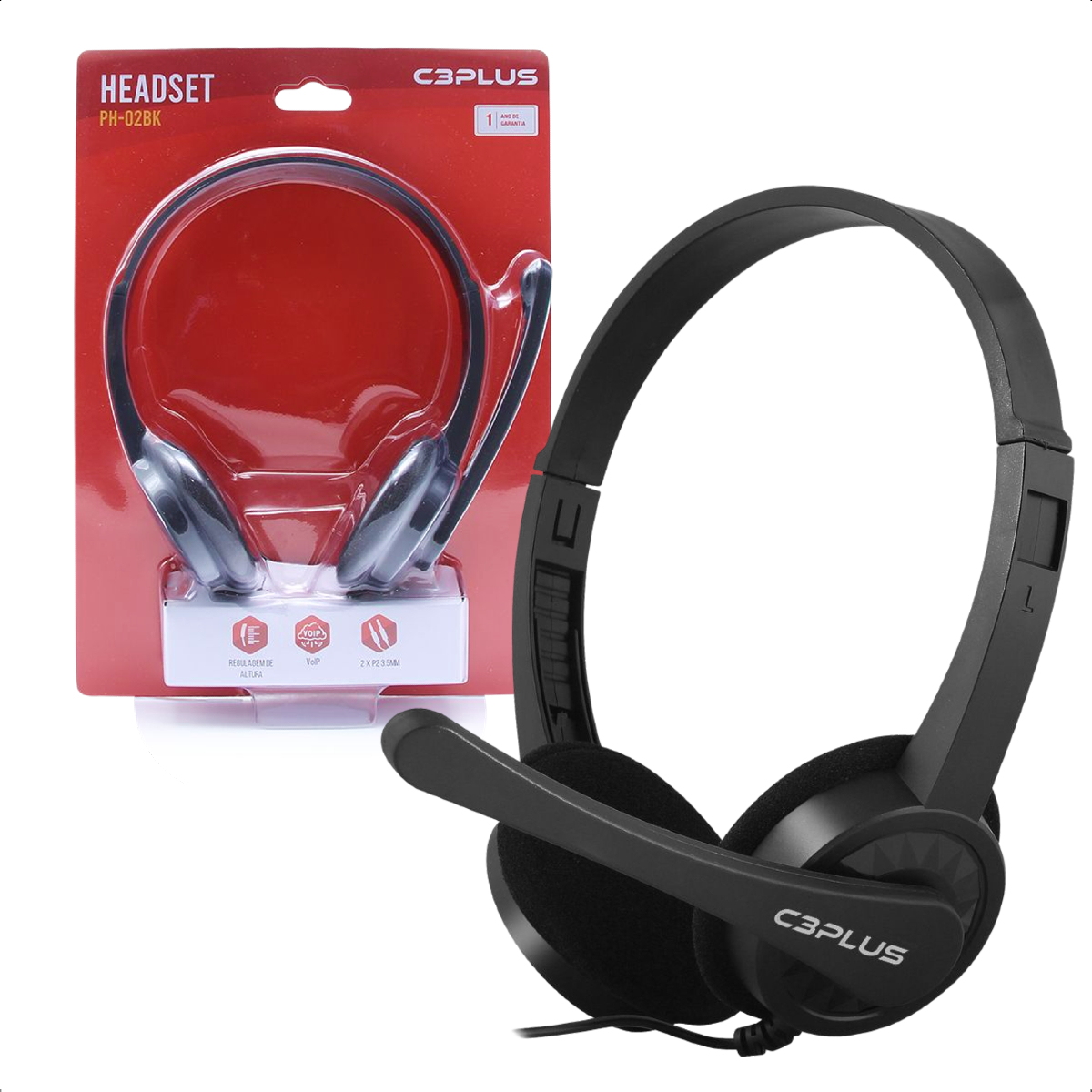 Headset Fone com Microfone Preto P2 Cabo 200cm C3Plus PH-02BK