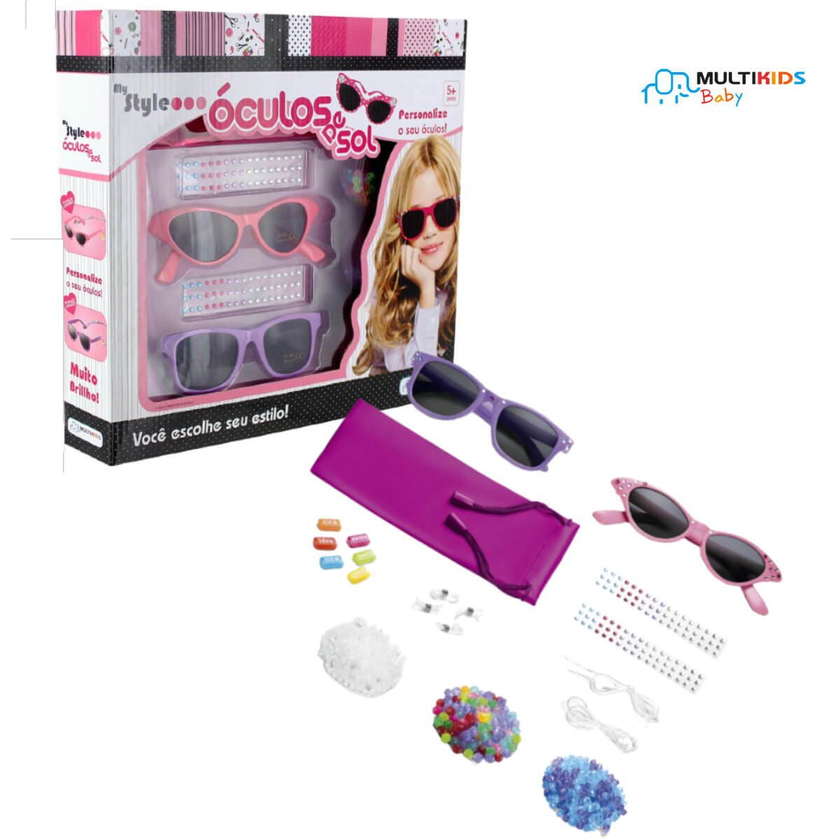 Óculos de Sol My Style Rosa/Roxo com Acessórios para Decorar Multikids - BR135