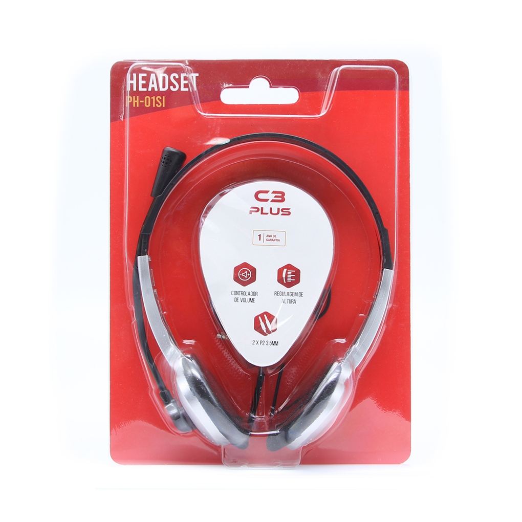 Fone de Ouvido Headset Prata P2 3,5mm Microfone Com Cabo 2m C3Plus - PH-01SI