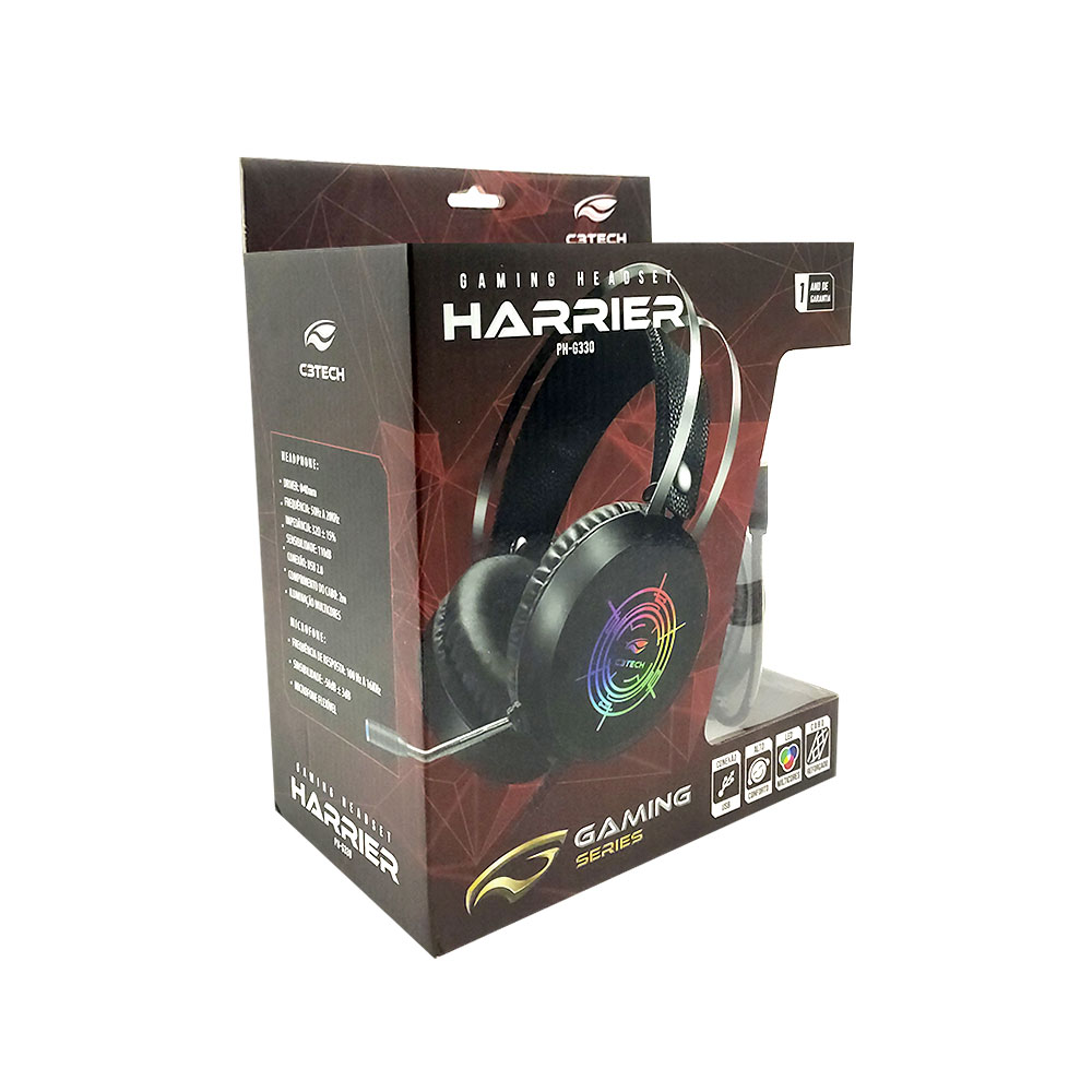 Fone de Ouvido Headset Gamer Com Iluminação Multicor USB 2.0 Harrier Microfone C3Tech -PH-G330BKV2