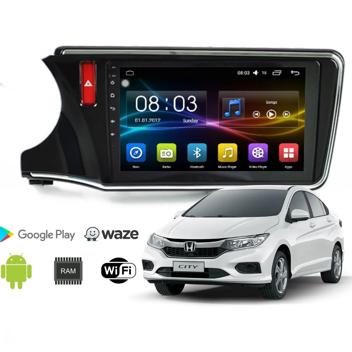 Central Multimídia JR8 Honda City Android  8.1 GPS / RCA / USB / Bluetooth / TV / FM/AM - ZTA9319T