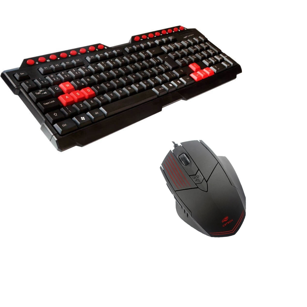 COMP Kit Gamer C3Tech Mouse 2400 DPI 6 Botões MG-10BK e Teclado USB 2.0 Preto e Vermelho KG-10BK