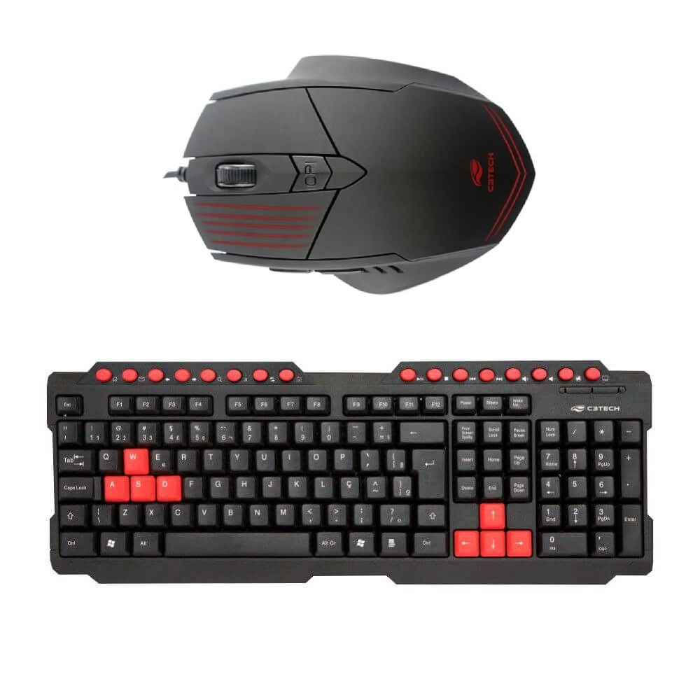 COMP Kit Gamer C3Tech Mouse 2400 DPI 6 Botões MG-10BK e Teclado USB 2.0 Preto e Vermelho KG-10BK