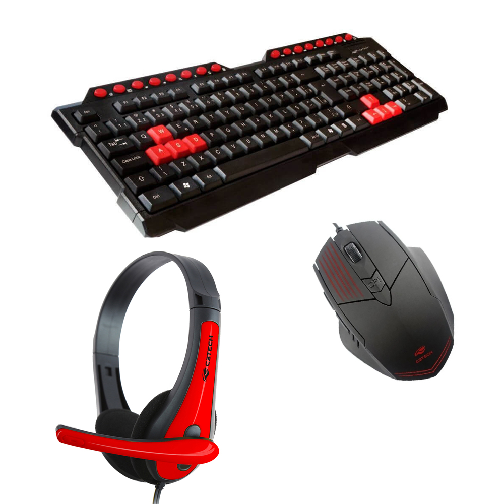 COMP Kit Gamer C3Tech Mouse 2400 DPI MG-10BK com Teclado USB 2.0 KG-10BK e Headset Gamer PH-30BK