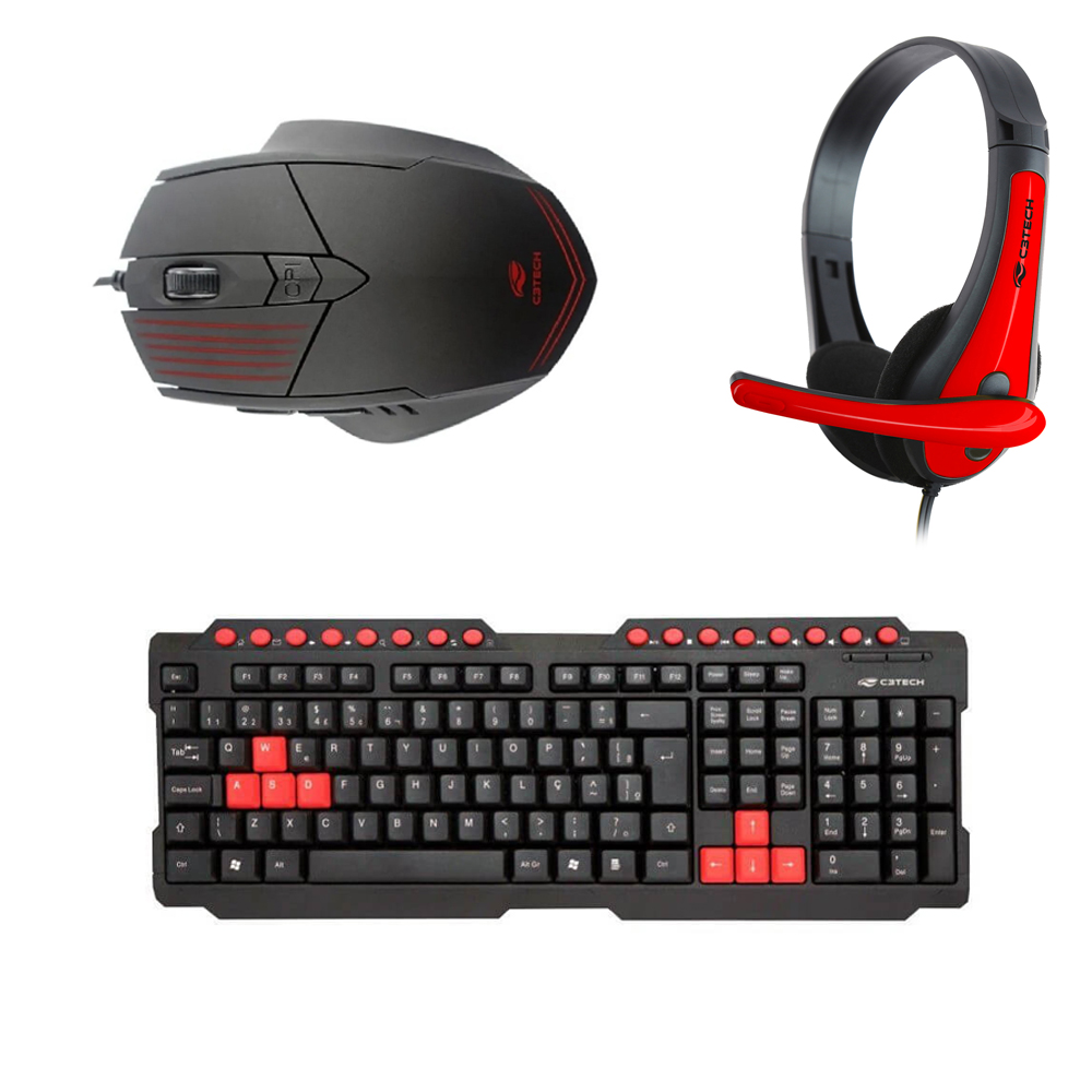 COMP Kit Gamer C3Tech Mouse 2400 DPI MG-10BK com Teclado USB 2.0 KG-10BK e Headset Gamer PH-30BK