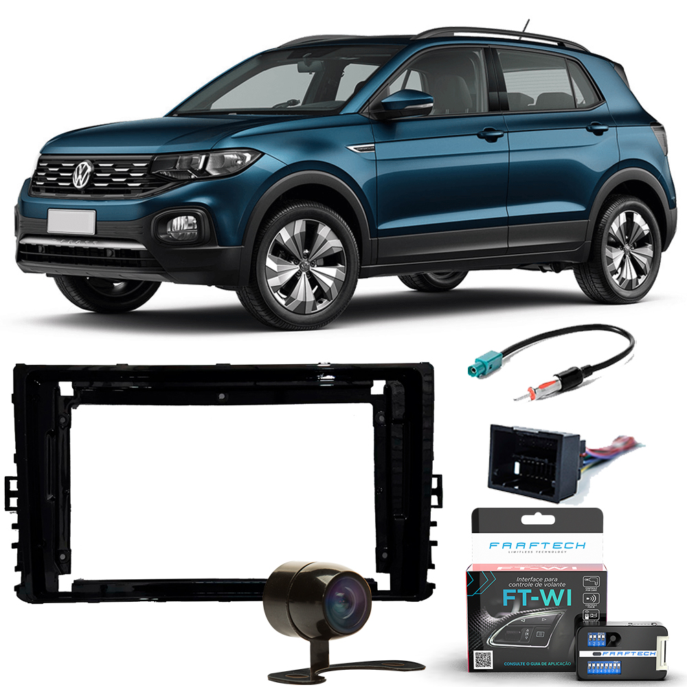COMP Kit Acessórios T-Cross Moldura 2 din 9 pol + Câmera de ré + Interface de volante + Chicotes plug and play