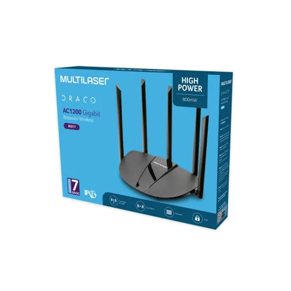Roteador Wireless Draco AC1200 Ipv6 Dual Band Gigabit 5 Antenas Multilaser - RE017