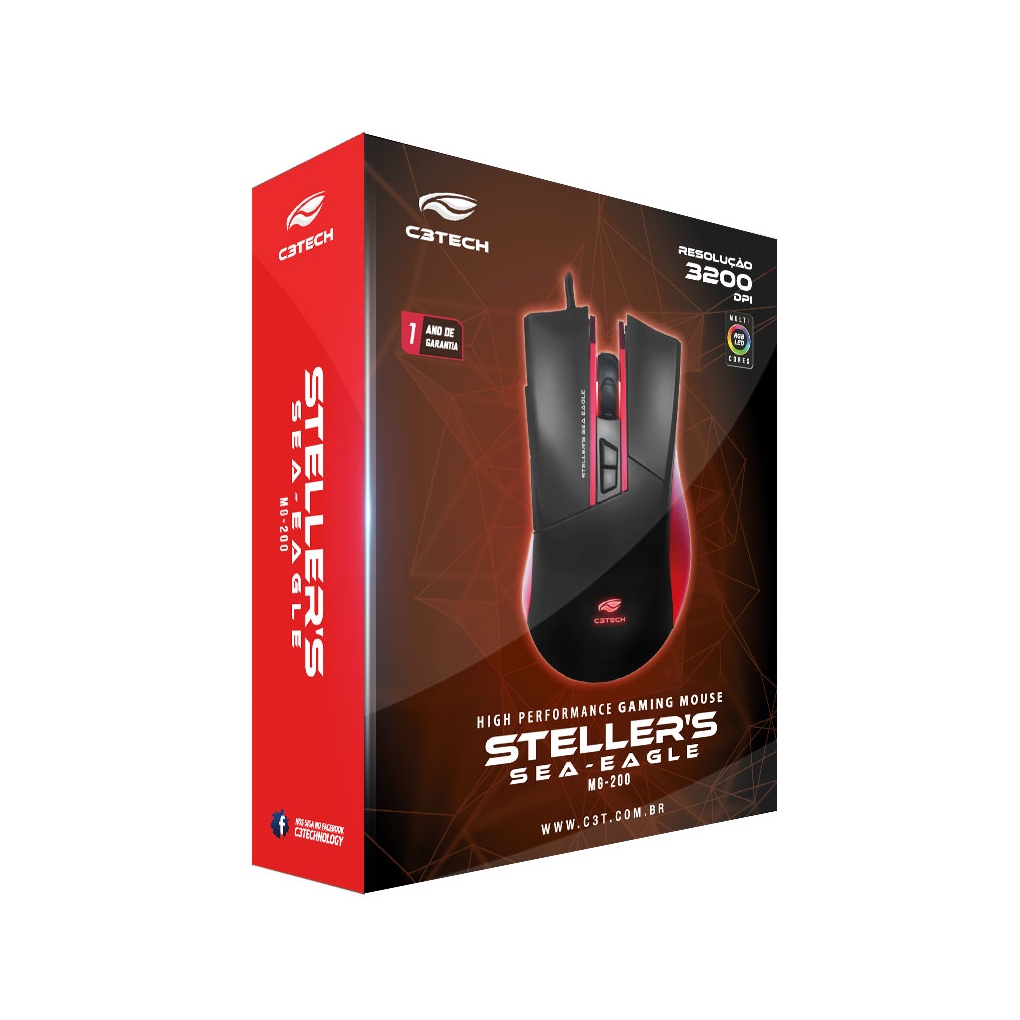 Mouse Gamer USB 3200DPI Stellers Leds internos C3Tech - MG-200BRD