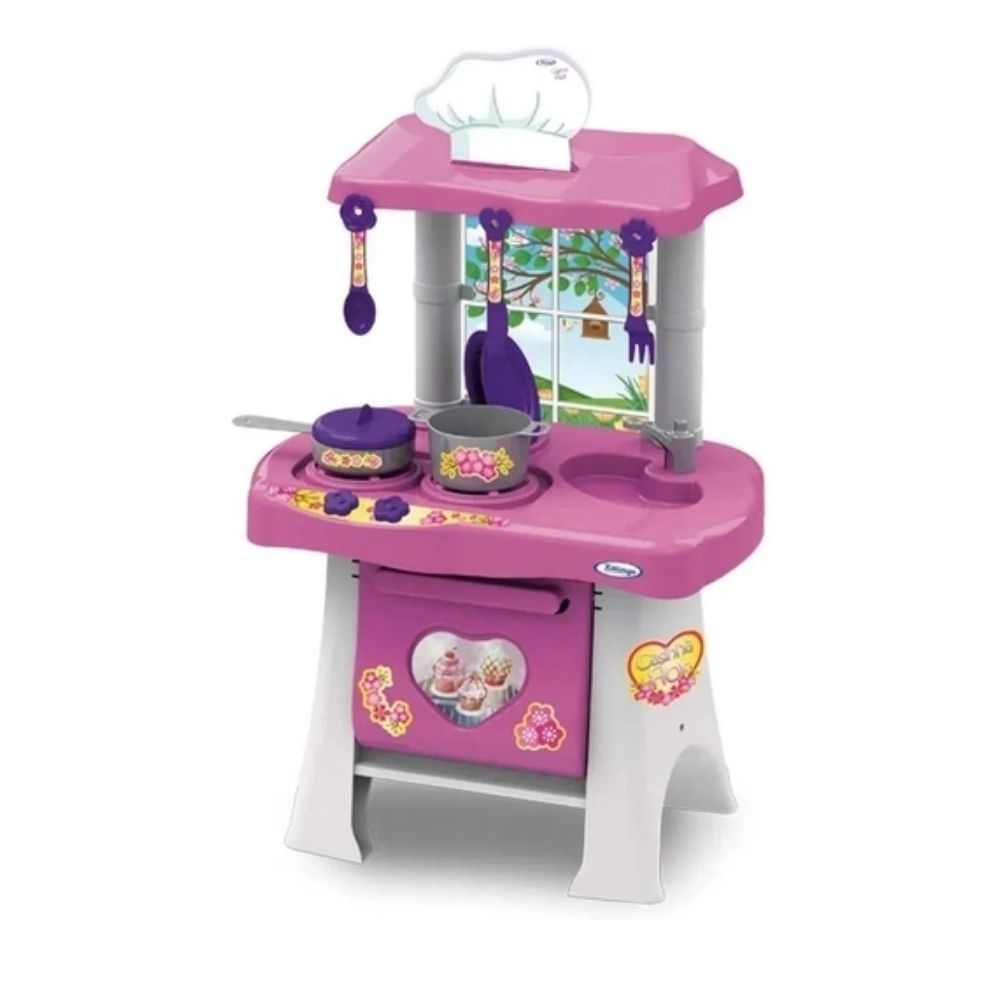 Brinquedo Cozinha Pop Casinha Flor Com Pia Fogão Forno e Coifa + Utensílios Xalingo - 04543