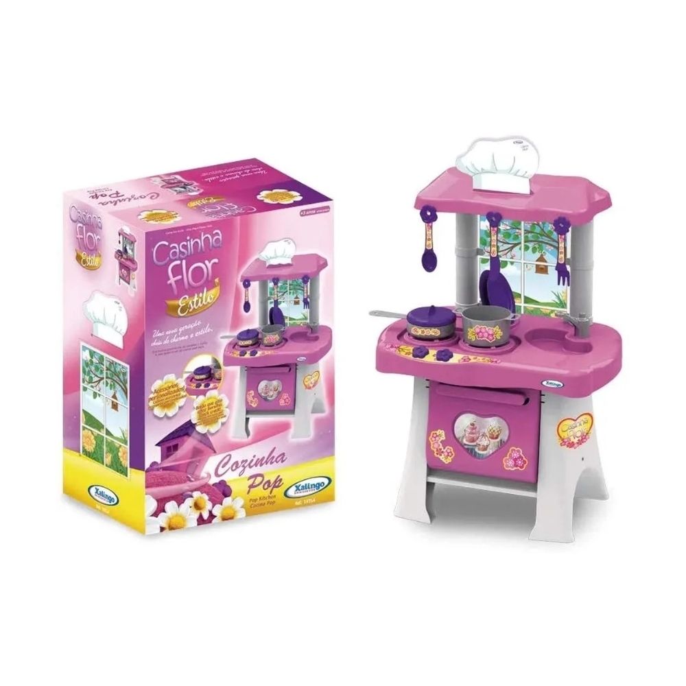 Brinquedo Cozinha Pop Casinha Flor Com Pia Fogão Forno e Coifa + Utensílios Xalingo - 04543