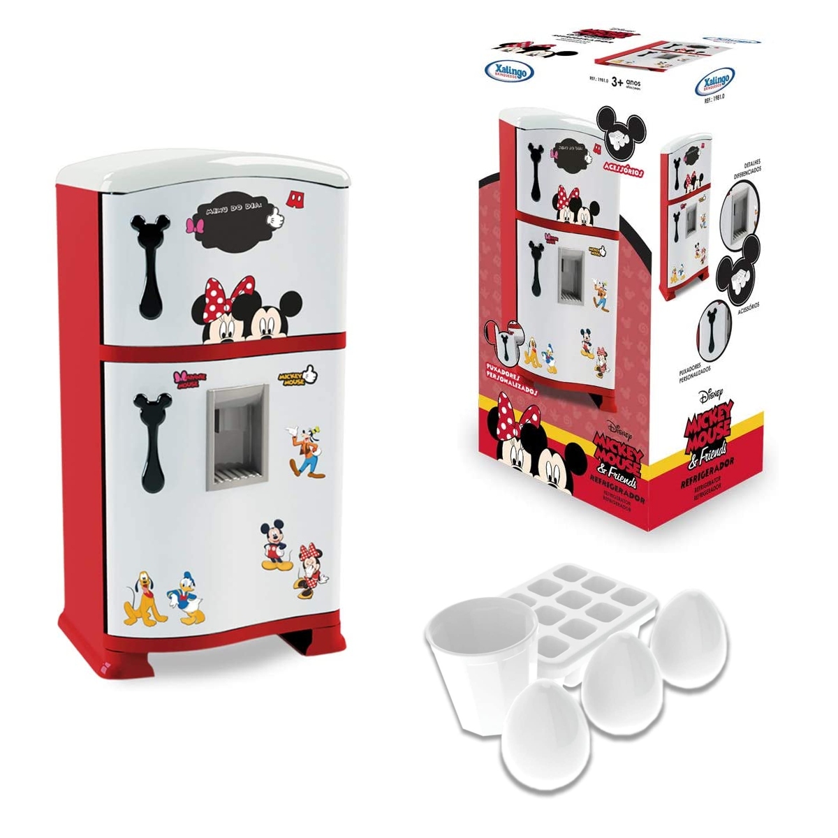 Brinquedo Refrigerador Infantil Mickey Com Acessórios Vermelha e Branca Xalingo - 19810