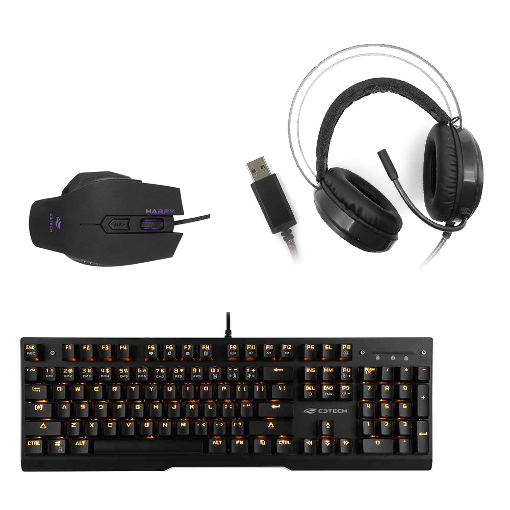 COMP Kit Gamer Teclado Switch Blue com Mouse Harpy 3200DPI e Headset USB Harrier