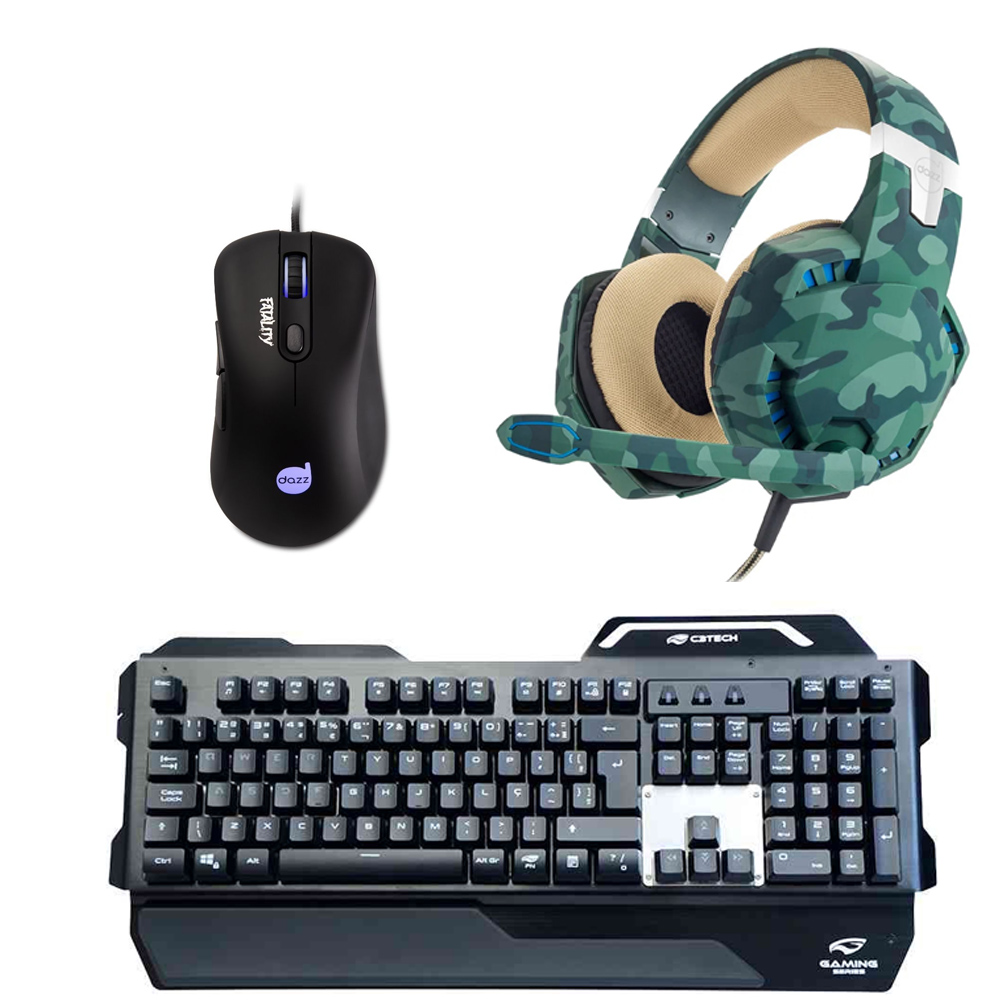 Kit Gamer Teclado USB KGM-500BK com Mouse Gamer Fatality 3500DPI e Headset Special Forces Jungle