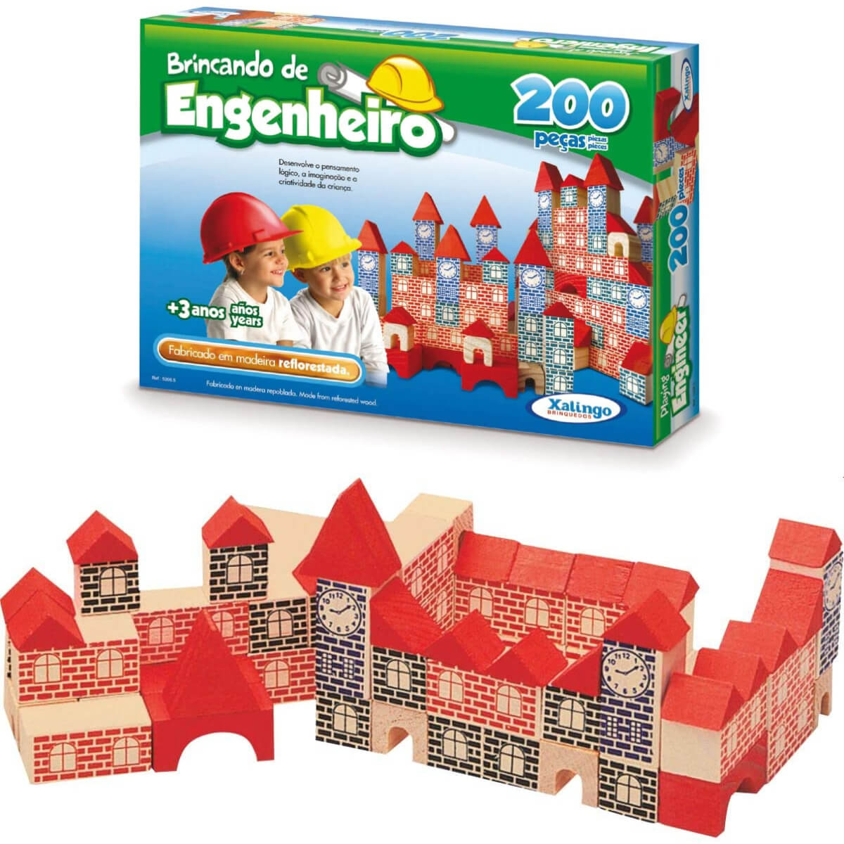 Blocos para Montar Brincando de Engenheiro 200 Peças Madeira Reflorestada Xalingo 53065