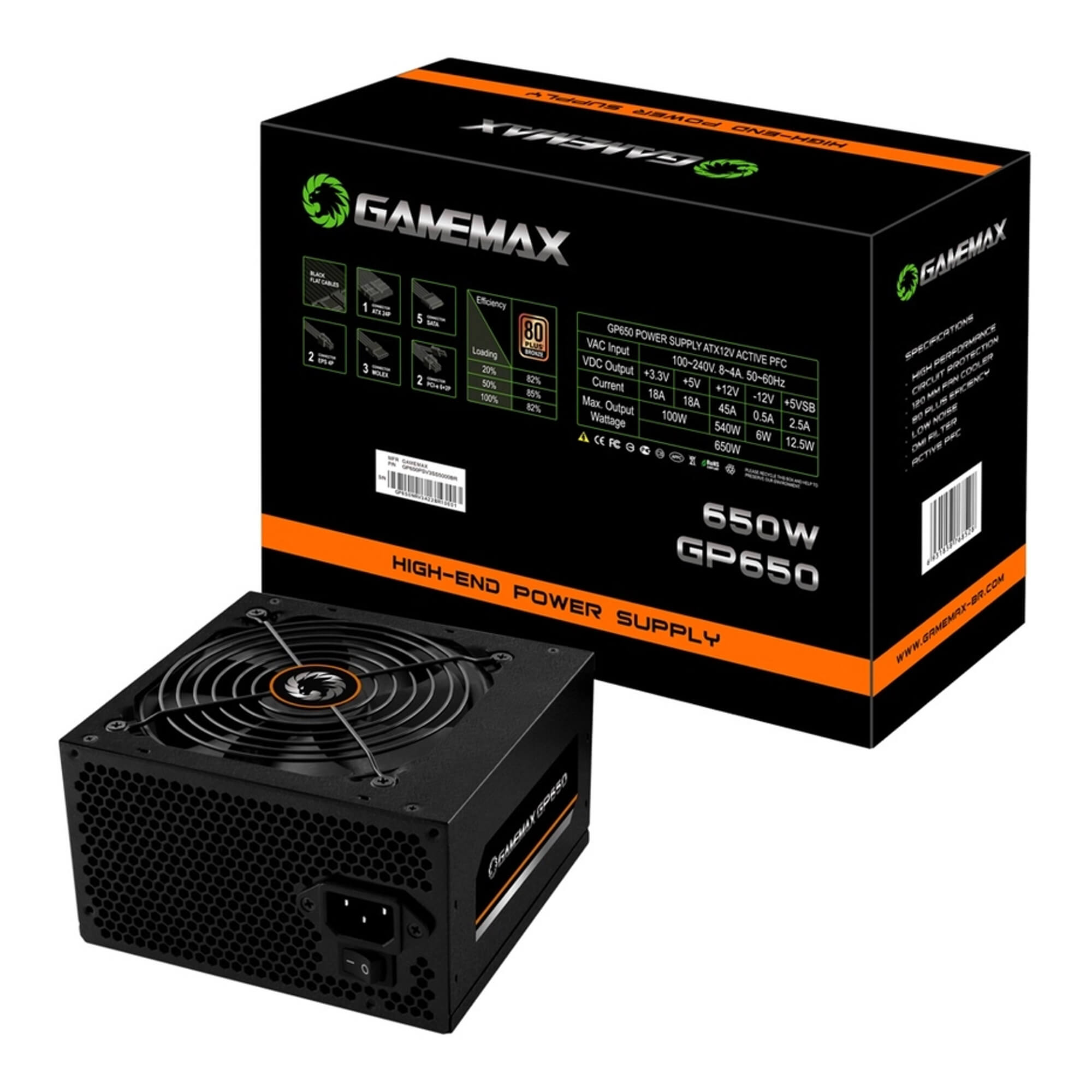 Fonte ATX 650W Gamer GP650 Real 80 Plus Bronze PFC Ativo Preta Gamemax 001000054 / 010000201