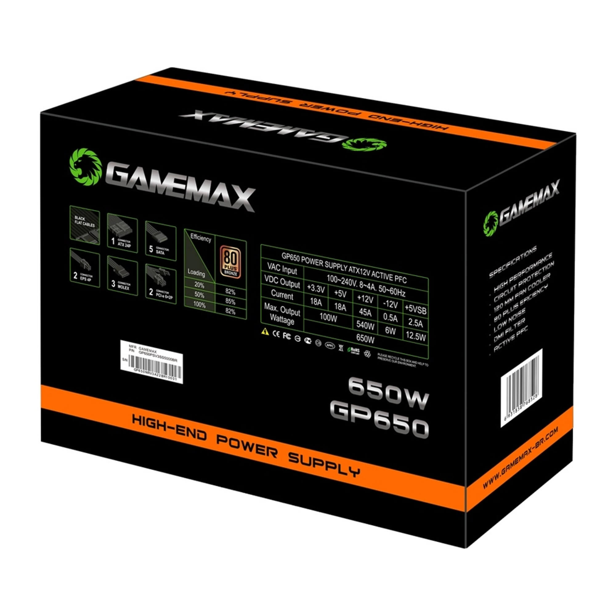 Fonte ATX 650W Gamer GP650 Real 80 Plus Bronze PFC Ativo Preta Gamemax 001000054 / 010000201