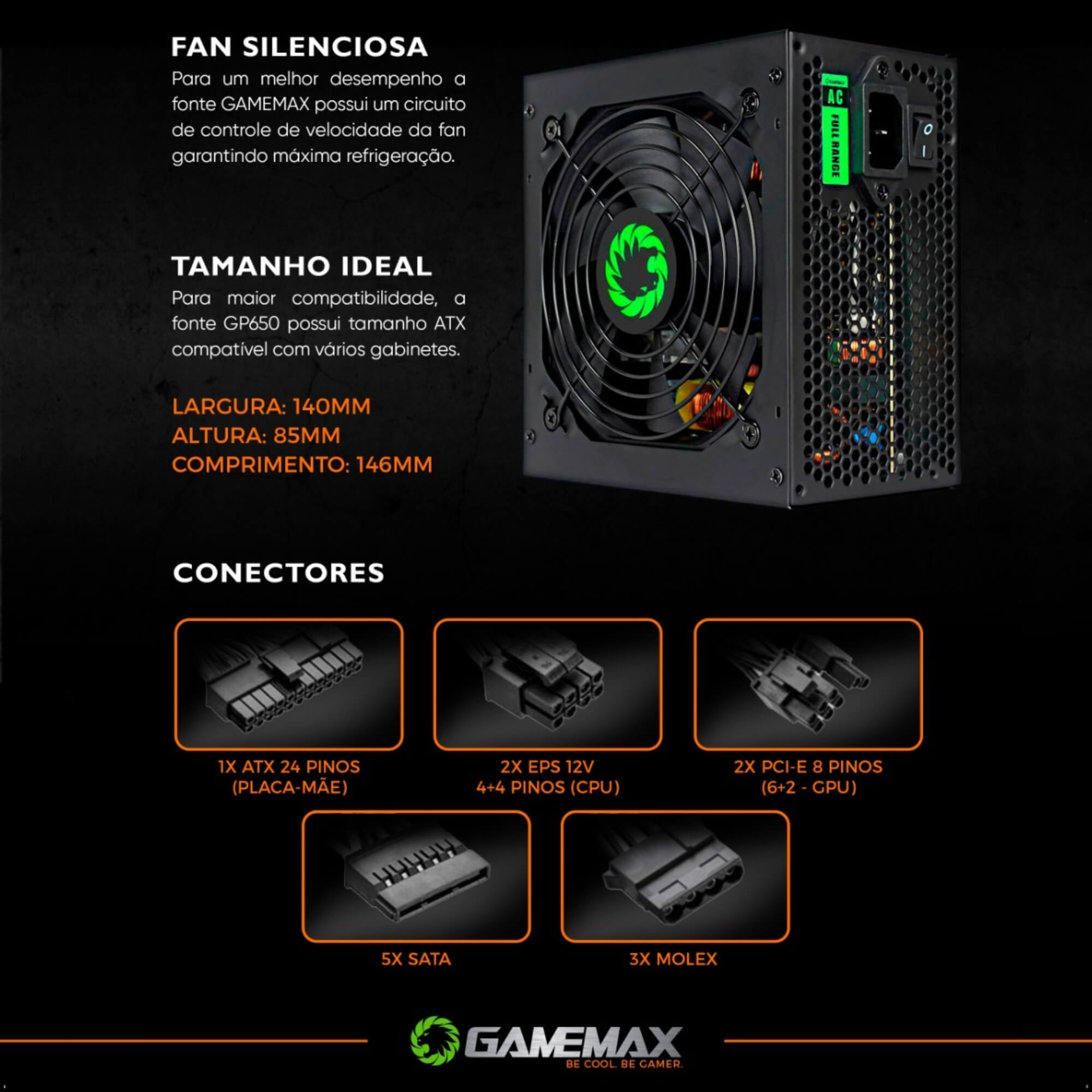Fonte ATX 650W Gamer GP650 Real 80 Plus Bronze PFC Ativo Preta Gamemax 001000054 / 010000201