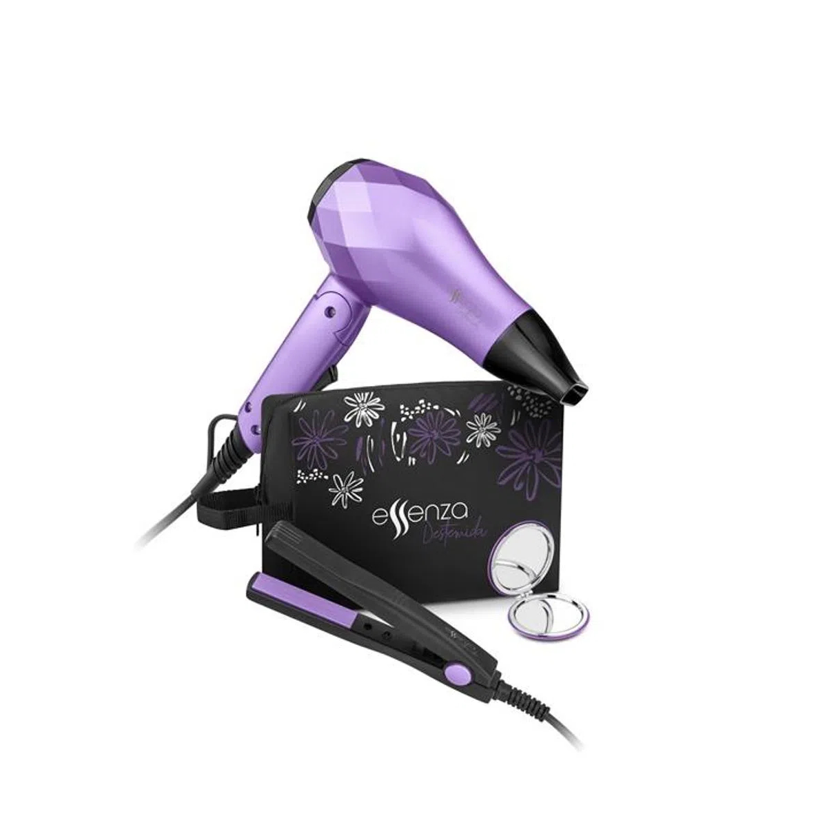 Kit Viagem Essenza Mini Secador Bivolt 1000W Dobrável Mini Prancha Viagem 20W Espelho Bolsa-EB052