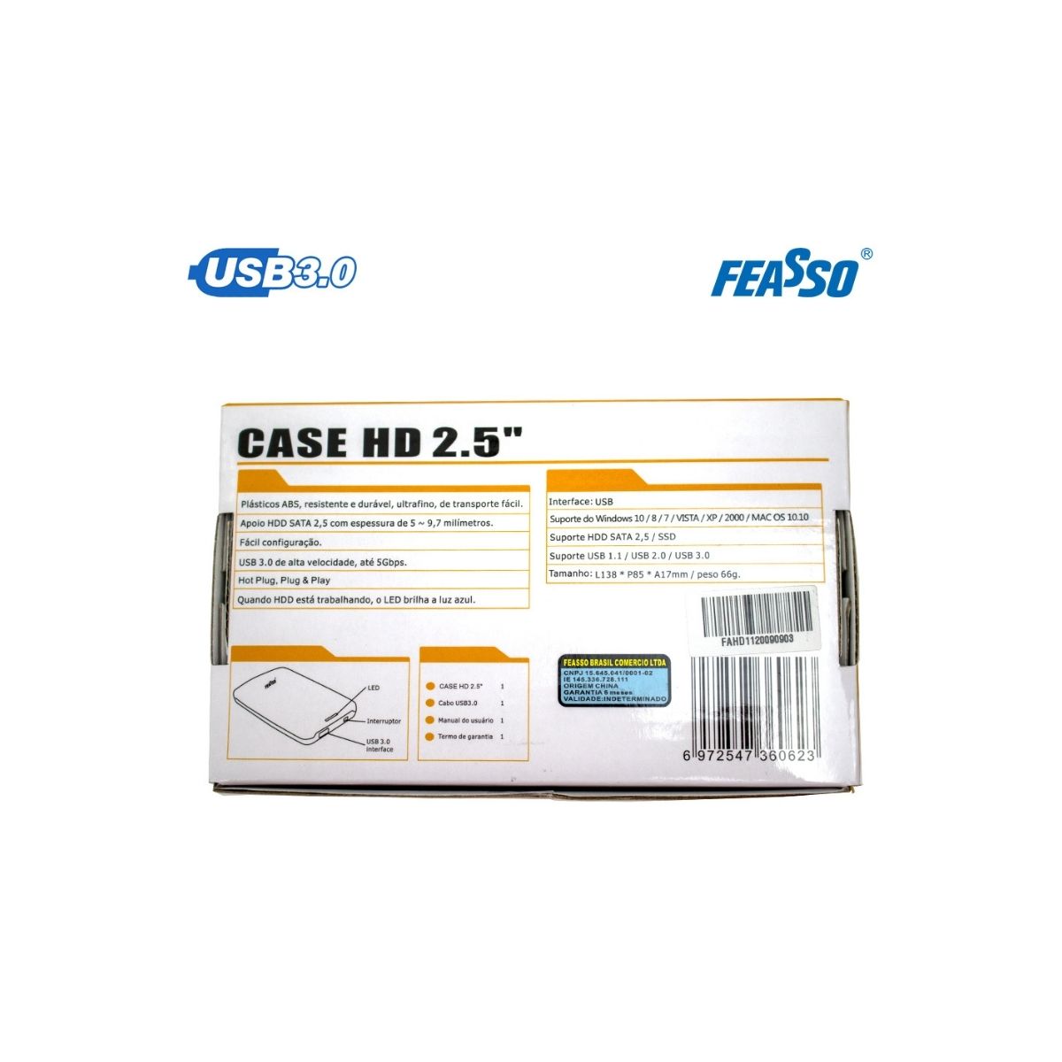 Case para HD Externo 2.5 polegadas Sata USB 3.0 FAHD-11 Branco - Feasso