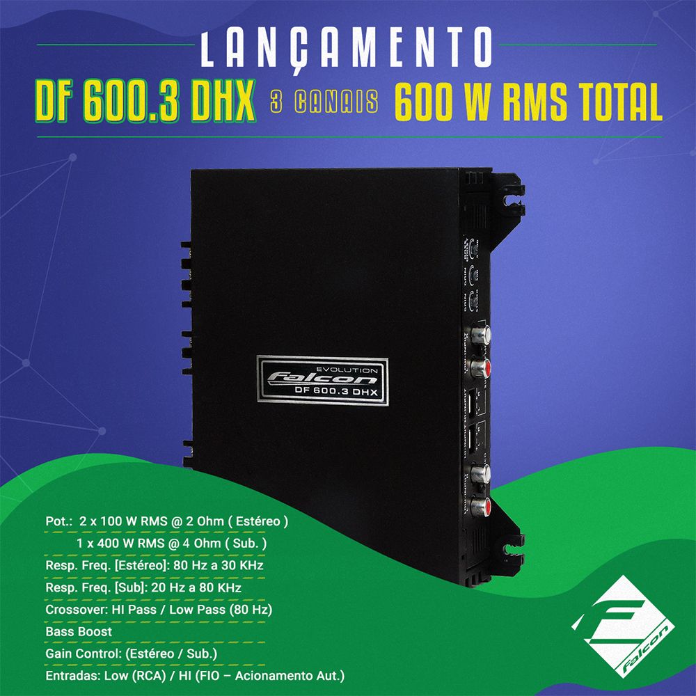 Módulo Amplificador de Potência p/ Som Automotivo Falcon Digital DF 600.3 DHX 600W RMS 3 Canais