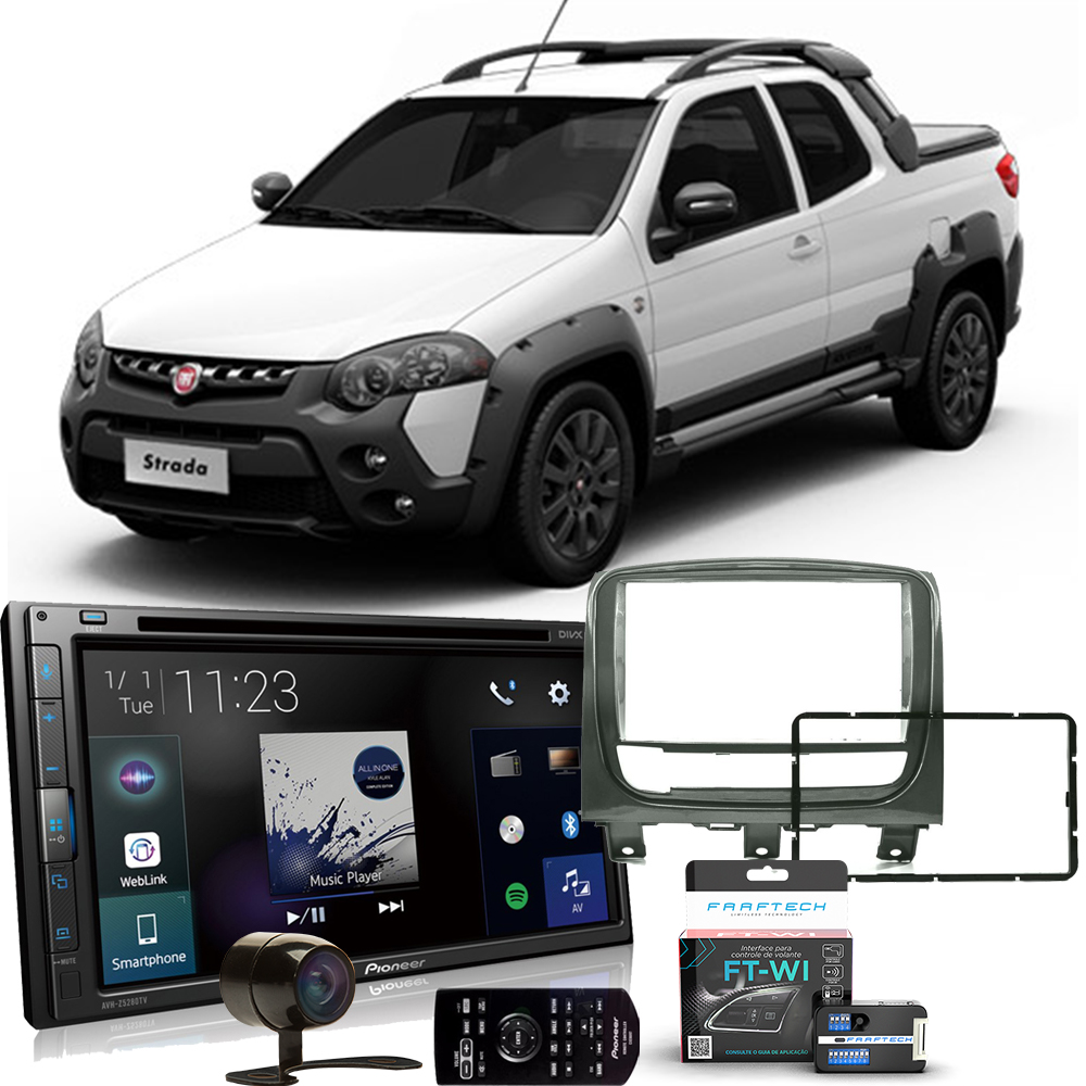 COMP Kit Central Multimídia Fiat Strada 2013 a 2020 AVH-Z5280TV + Moldura 2 din grafite + Câmera de ré + Interface