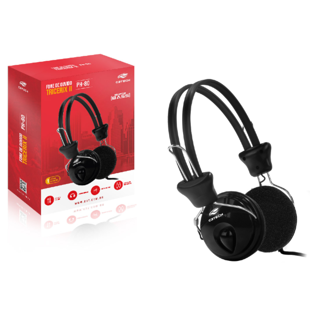 Fone de Ouvido Headset Tricerix P2 3,5mm Estéreo Microfone Integrado ao Cabo C3Tech - PH-80BK