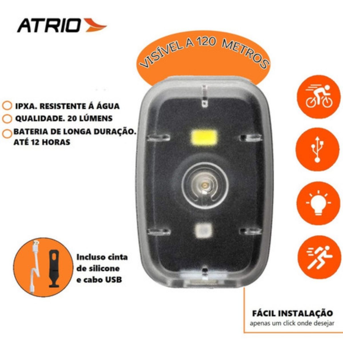 Farol Clip com Luz Dianteira 20L/ Traseiro 2L 200 mAh Usb Recarregável Bateria Até 12h Luz Branca e Vermelha Atrio BI187