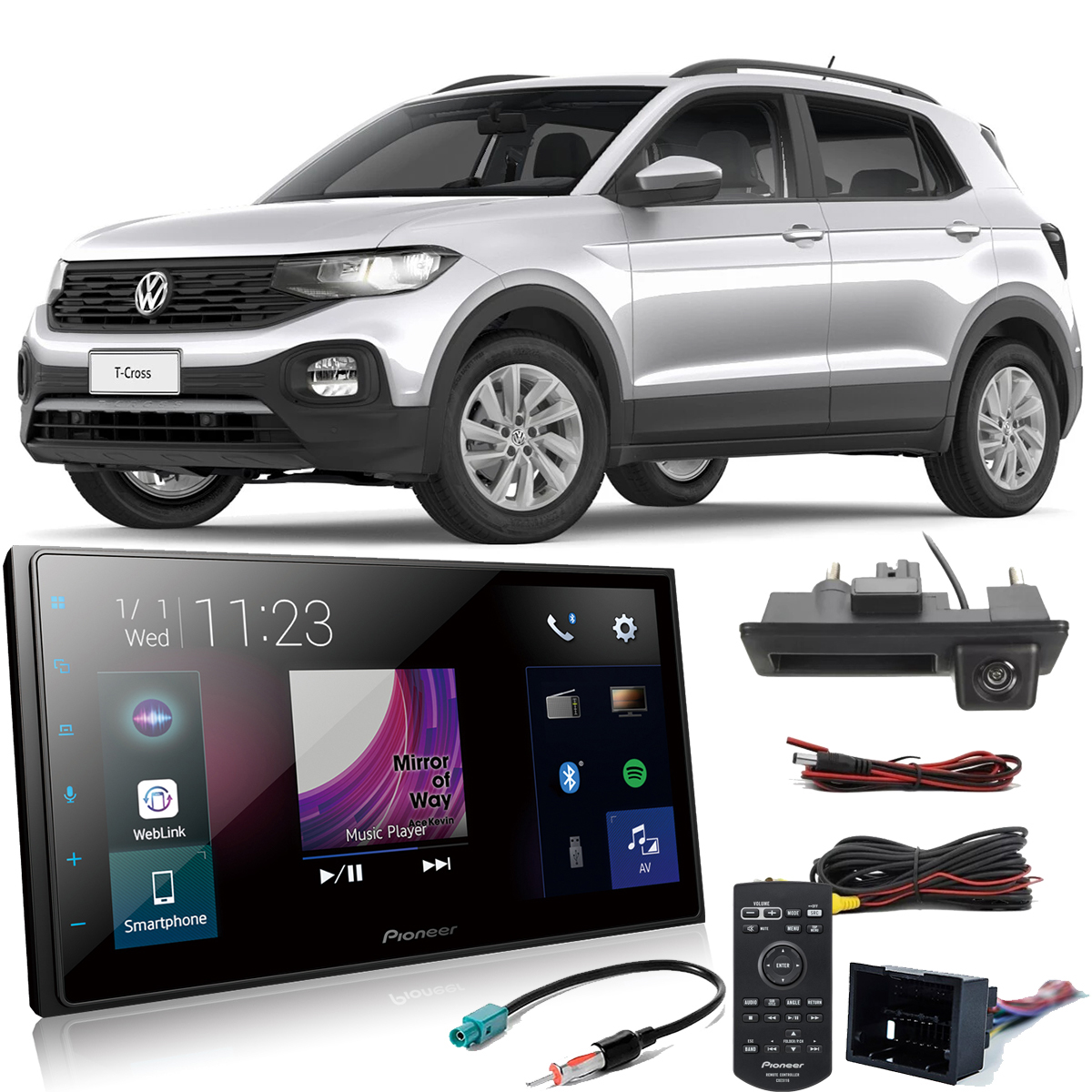 COMP Kit Central Multimídia T-Cross até 2021 Pioneer DMH-Z5380TV 2Din + Câmera de ré maçaneta + Chicotes