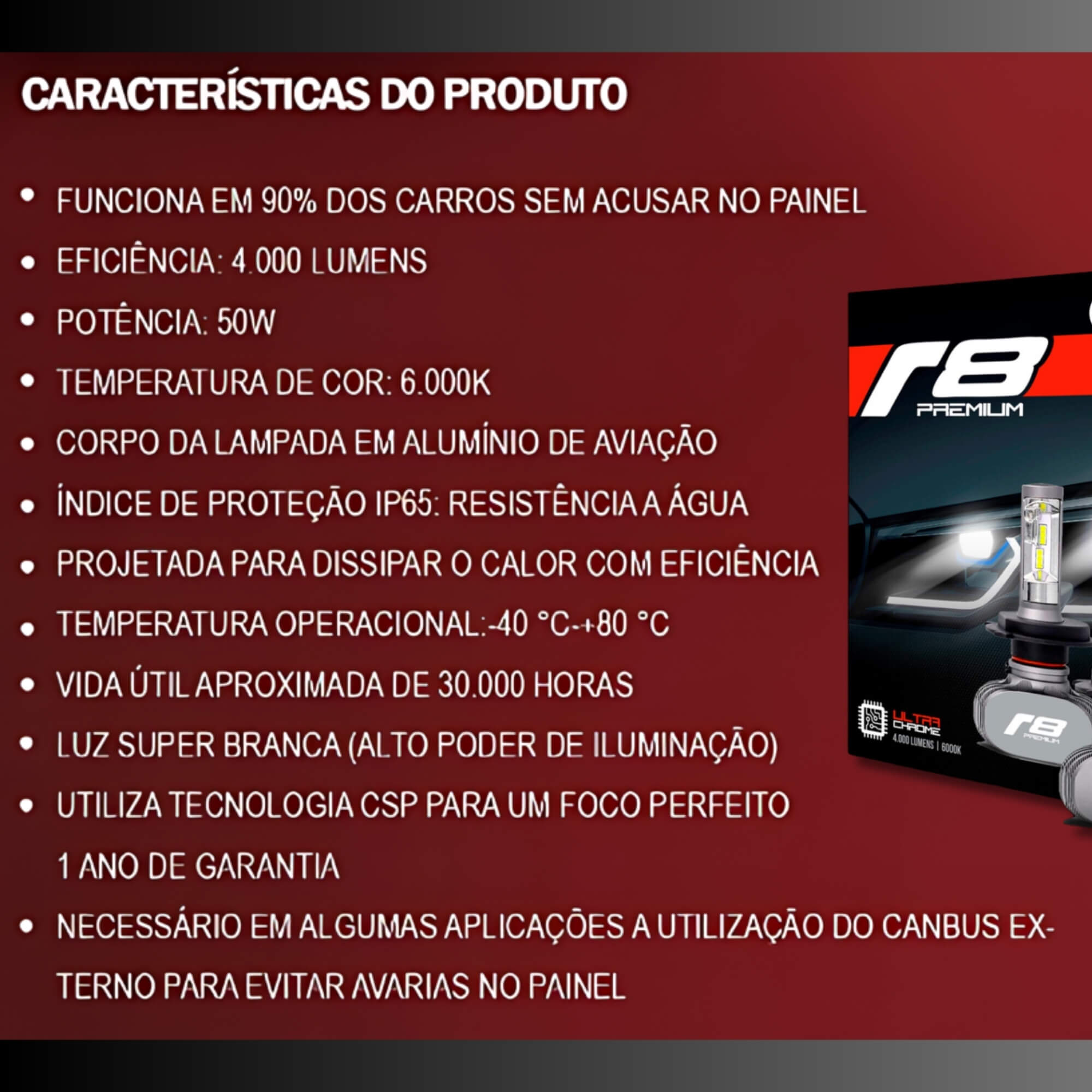 Kit Lâmpada Led Premium HB4 6500K 4000 Lúmens CSP JR8 - 8LED-24W