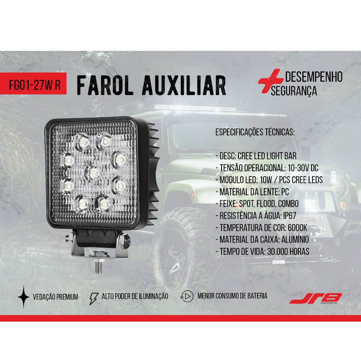 Farol Auxiliar Headlight Redondo 27W 9 Leds JR8 - FG01-27W-R