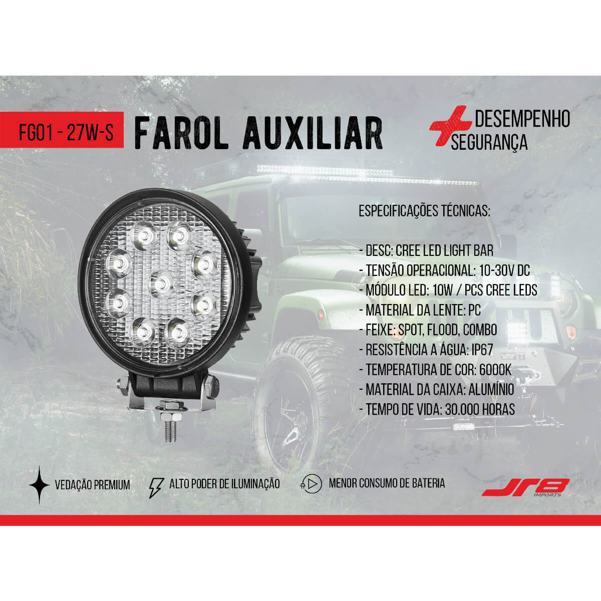 Farol Auxiliar Universal Headlight Redondo 27W 9 Leds JR8 - FG01-27W-S