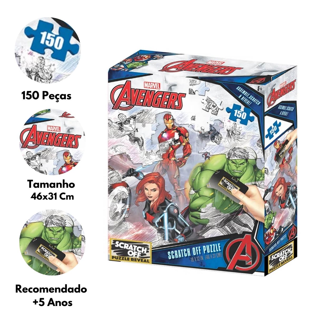 Brinquedo Quebra-Cabeça Scratch-Off Os Vingadores Zipper Box 150 Peças Multilaser - BR1316